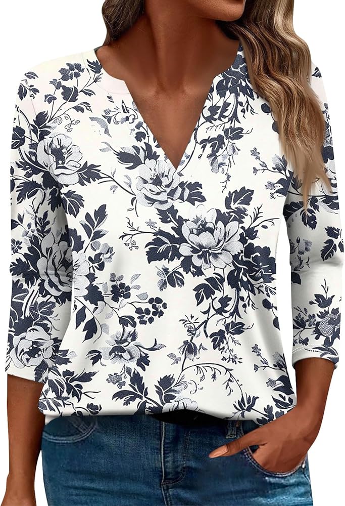 Womens Tshirts Long Sleeve V Neck Casual Tees Floral Blouses Loose Clothes Print Tunics