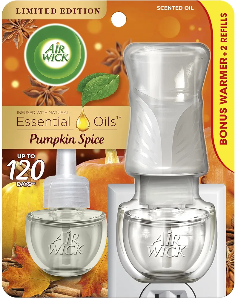 Air Wick Plug in Scented Oil Starter Kit (Warmer + 2 Refills), Pumpkin Spice, Fall Scent, Essential Oils, Air Freshener