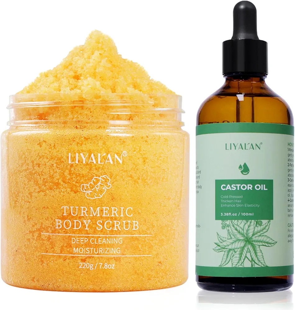 Liyalan Turmeric Body Scrub Moisturizing and Exfoliating & LIYALAN Pure Castor Oil Cold Pressed Hair Care Glass Bottle