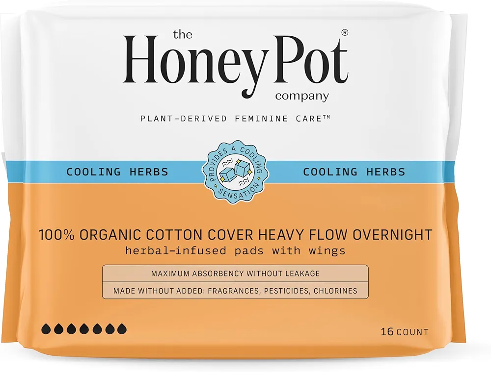 The Honey Pot Company - Herbal Pads for Women - Heavy Flow Overnight Pads w/Wings - Infused w/Essential Oils for Cooling Effect & Organic Cotton Cover - Sanitary Pads - Feminine Care - FSA - 16 ct