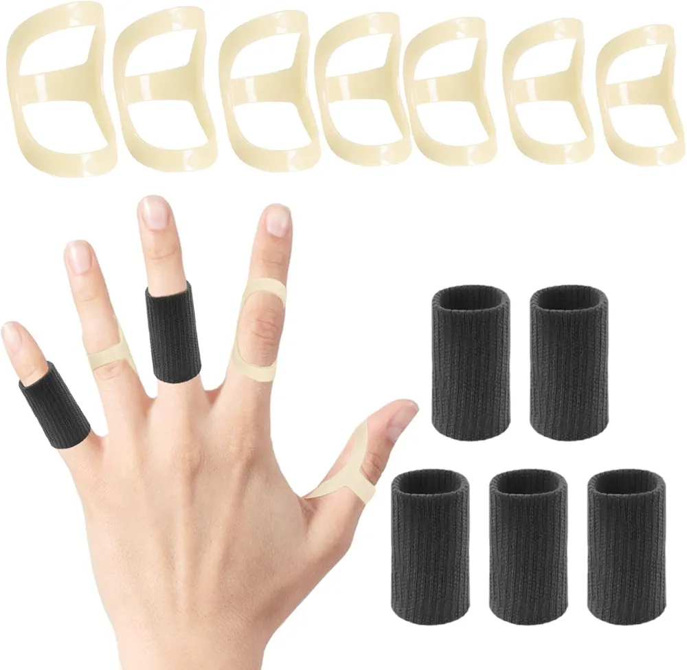 7 Pcs Finger Splint with 5Pcs Finger Sleeves, Oval Splint for Trigger Finger mallet finger Arthritis, Fits Thumb Ring Middle Finger Pinky Finger(Size 4-10)