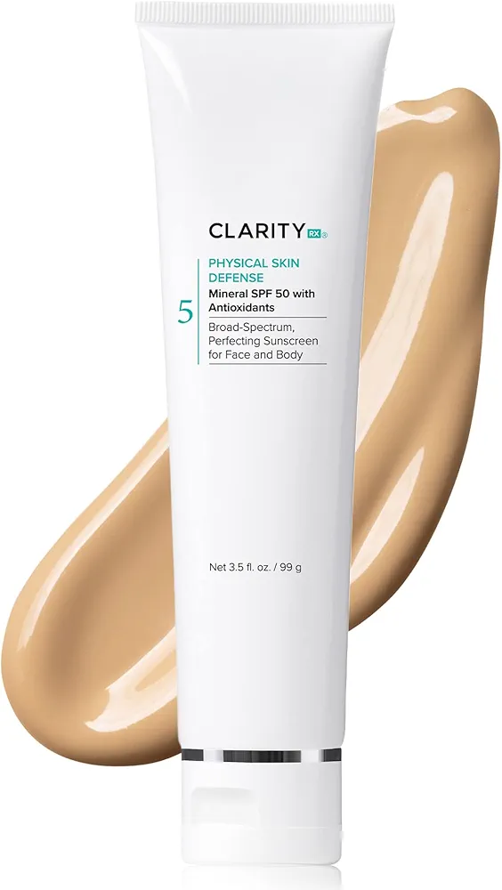 ClarityRx Physical Skin Defense Tinted Mineral SPF 50 Moisturizing Sunscreen, Natural Plant-Based Water-Resistant UV Protection with Zinc & Hyaluronic Acid for Face & Body (3.5 oz)