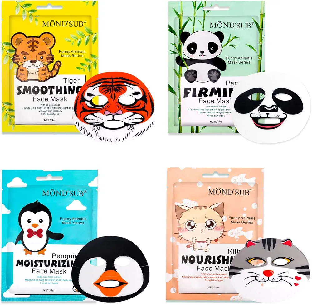 Animal Spa Mask, Character Masks Sheet- Penguin, Panda, Tiger, Cat -Nourishing Moisturizing Effects For All Skin Types- Birthday Party Gift for her, Girls Night, Spa Night, Beauty Gift (4pack)