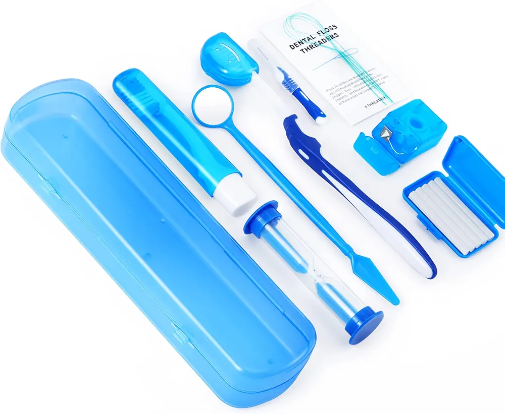 Annhua Braces Kit Cleaning 8 Pack for Orthodontic, Portable Tooth Cleaning Tools Family Oral Care Hygiene Set, Interdental Brush, Ortho Wax, Floss, Oral Mirror Included - Blue