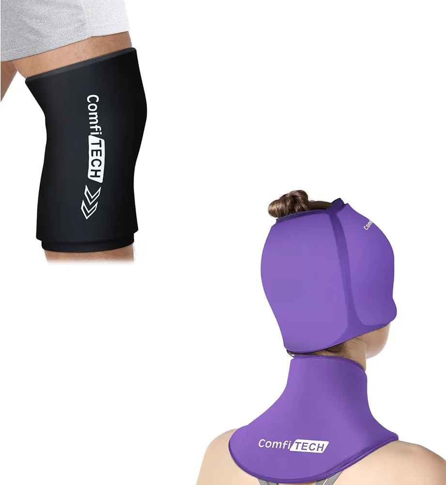 ComfiTECH Migraine Relief Cap & Neck Ice Pack Wrap Gel, Large Knee Ice Sleeve for Injuries Compression Sleeve