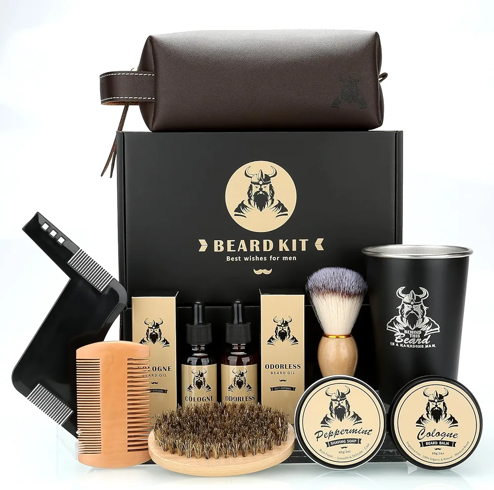 Beard Grooming Kit Gifts for Men, Father's Day Birthday Gifts for Dad Him, Grooming & Trimming Tool Complete Set,Beard Care Kit with 2 Beard Growth Oil/Balm/Brush/Comb/Shaving Soap/Cup&Storage Bag