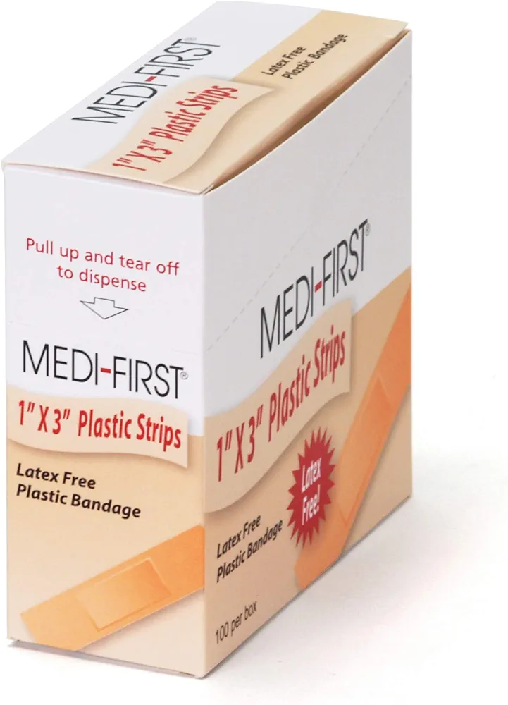 Medi-First 60033 Plastic Strip Bandages, 1" x 3", Box of 100