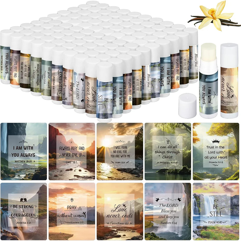 100 Pcs Christian Lip Balms Bulk Gift for Women Faith Religious Scripture Bible Verse Inspirational Gifts Party Favors Vanilla Moisturizer