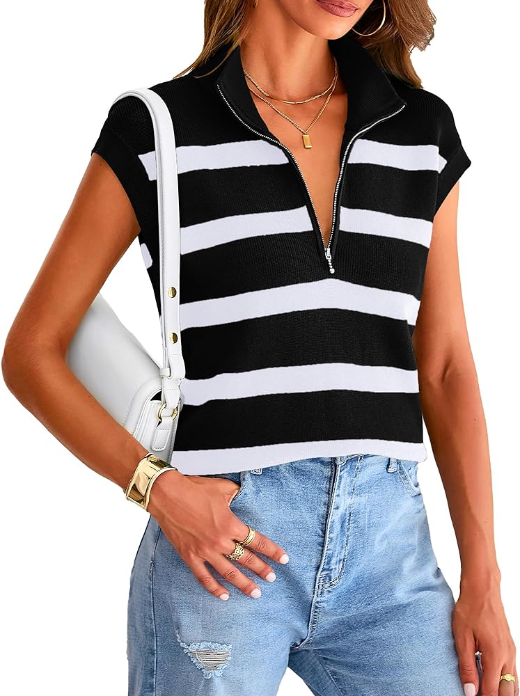 PRETTYGARDEN 2024 Summer T Shirts for Women Casual 1/2 Zip Cap Sleeve V Neck Striped Knit Tee Tops Blouses