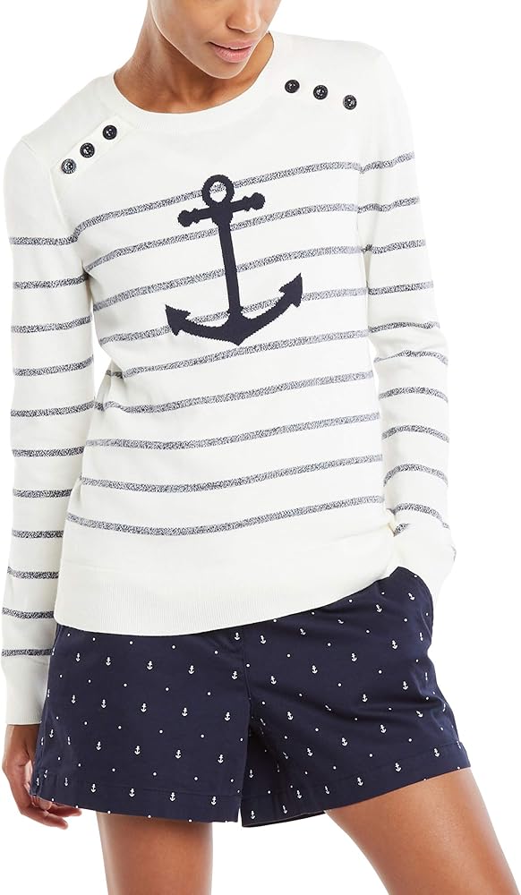 Nautica Women's Voyage Long Sleeve 100% Cotton Striped Crewneck Sweater