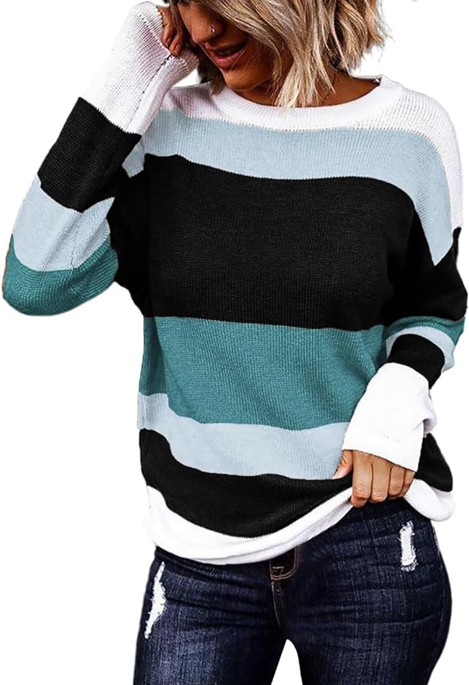 FEKOAFE Women's 2024 Cute Striped Sweaters Crew Neck Long Sleeve Pullover Sweaters for Women