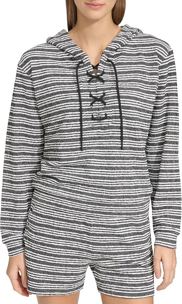 Andrew Marc Women's Heritage Striped Stretch Terry Long Sleeve Lace Up Hoodie