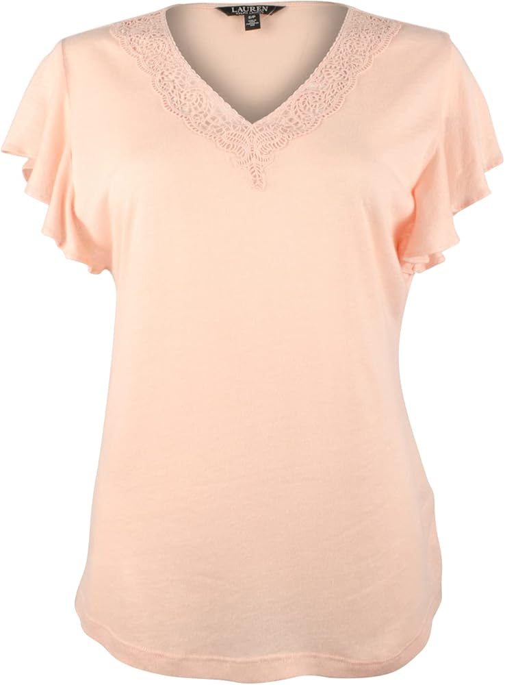 Lauren Ralph Lauren Womens Lace Trim Flutter Sleeves T-Shirt Pink L