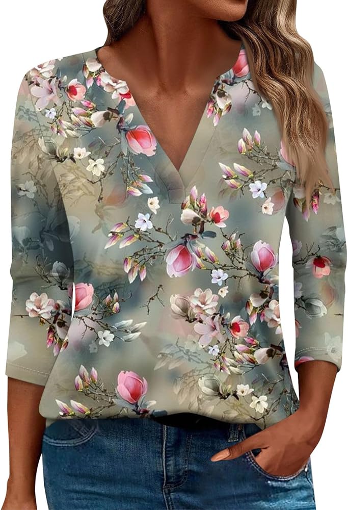 Womens 3/4 Sleeve Tops Fall Casual V-Neck Tshirt Ladies 2024 Floral Print Daily Tees Tunic Blouses