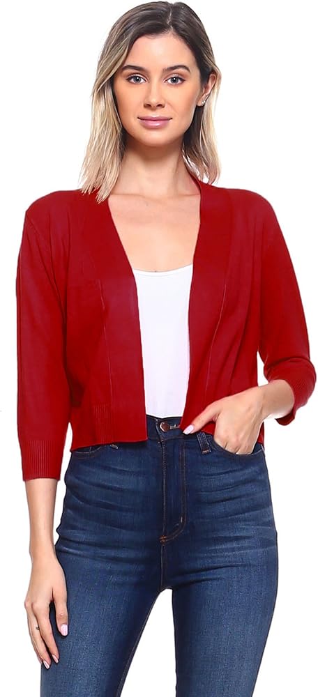 Cielo Women's Soft Solid Open Front 3/4 Sleeve Sweater Cardigan