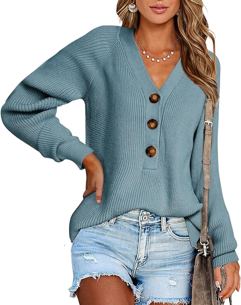 BTFBM Women Long Sleeve V Neck Button Down Sweater Solid Color Ribbed Knit Sweater Casual Relaxed Fit Pullover Jumper