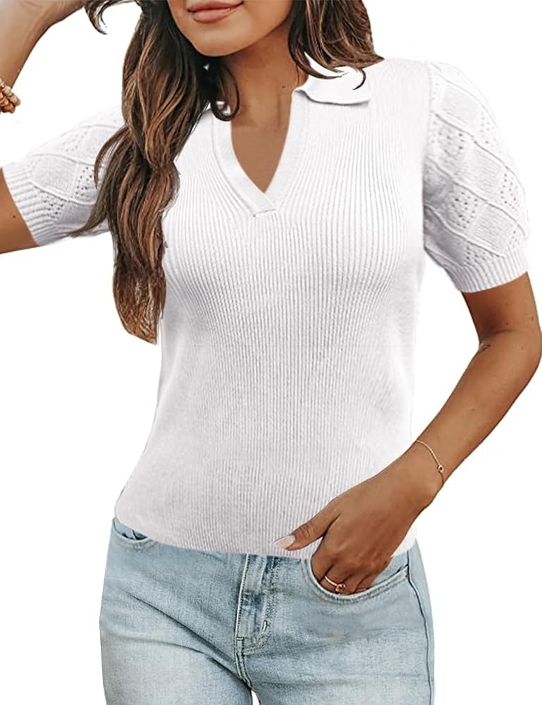 Womens Short Sleeve Sweater Tops V Neck Button Collared Ribbed Knit Pullover Shirt Slim Cropped Fall Blouse Tee