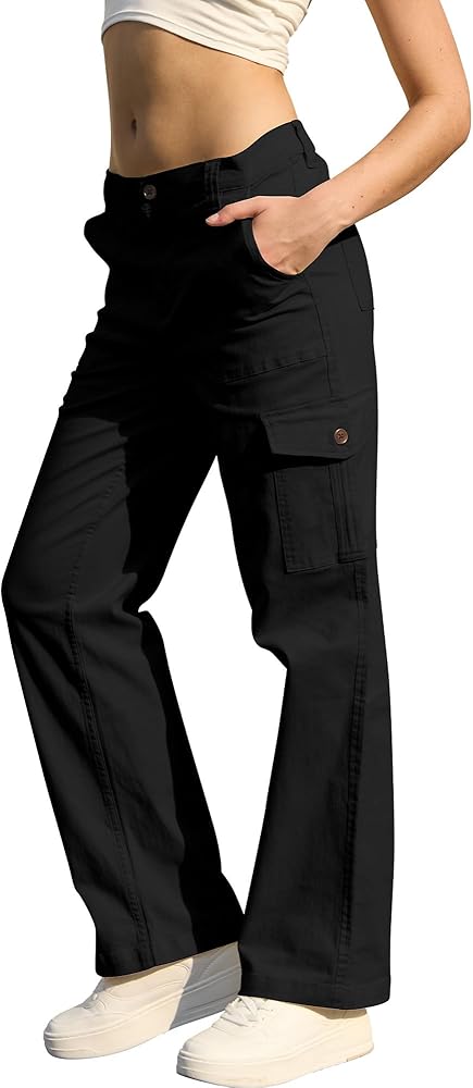 WULFUL Cargo Pants for Women High Waisted Casual Pants Straight Stretchy Wide Leg Y2K Streetwear with 6 Pockets