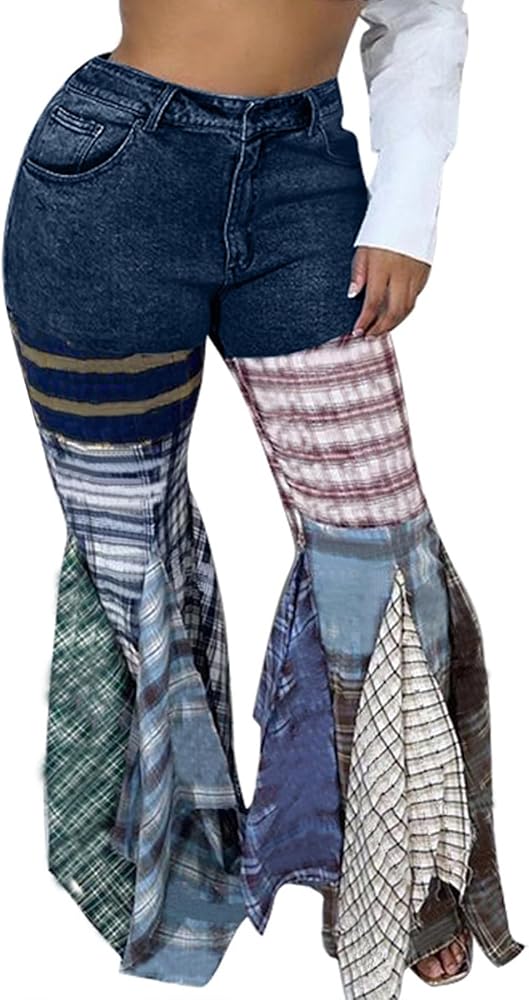 DINGANG Patchwork Jeans for Women High Waisted Straight Leg Denim Pant with Plaid Flared Trim Stretchy Bell Bottoms