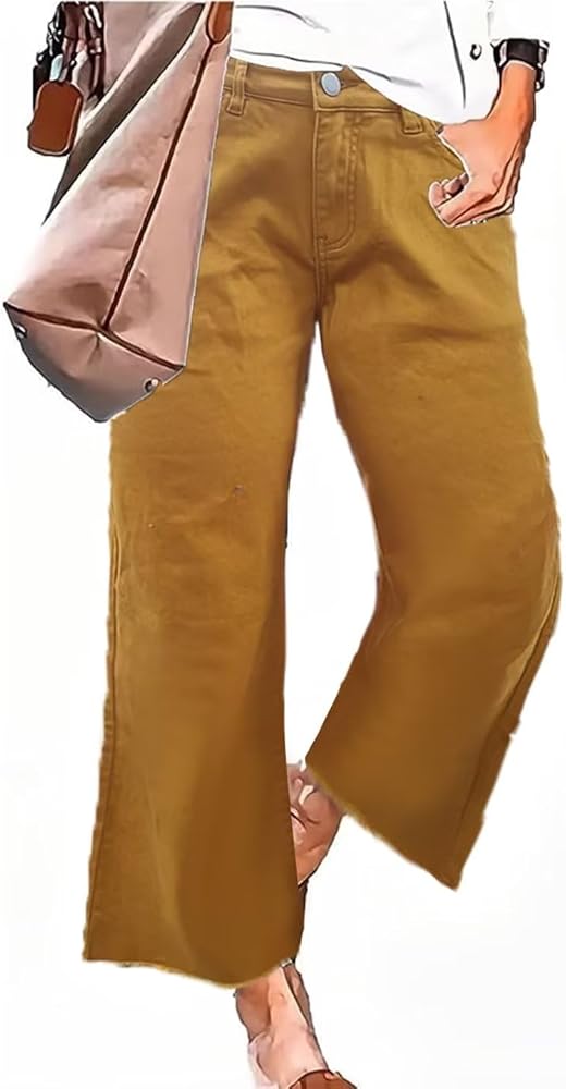 Flamingals Straight Wide Leg Jeans for Women Mid Waisted Casual Raw Hem Denim Capris Pants with Pockets