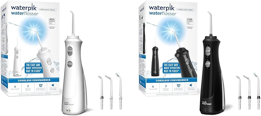 Waterpik Cordless Pearl Water Flosser Bundle with 4 Tips, 7oz Reservoir, 2 Pressure Settings, Rechargeable Battery and Charger