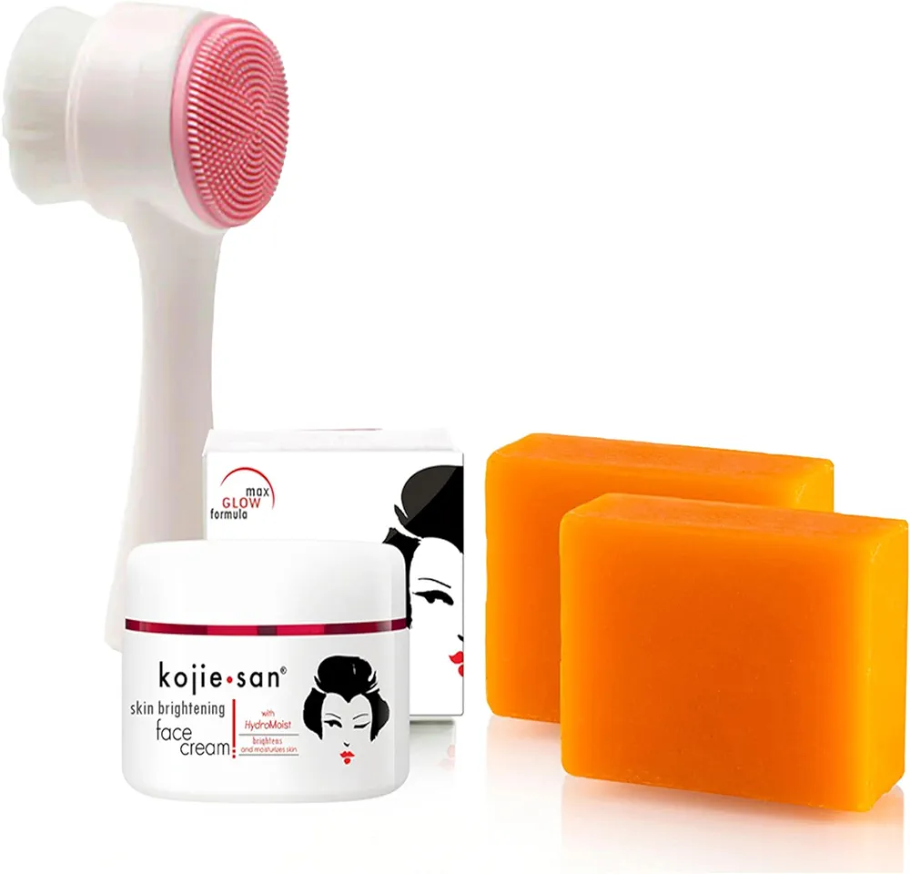 Kojie San Skincare Bundle - Facial Brightening Set with 2 Bars of Kojic Acid Soap, Face Cream & Exfoliating Face Brush