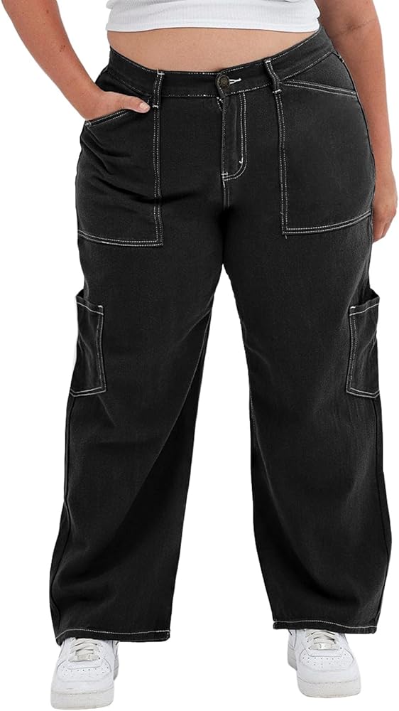 Eytino Womens Plus Size Cargo Pants High Waisted Stretch Wide Leg Baggy Pants Casual Trousers with Pockets(1X-5X)