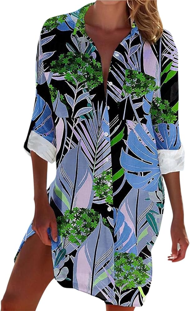 Women's Tops 2024 Floral Long Shirts Casual Summer Beach Dresses Roll 3/4 Sleeve Button Down Dress Tunic Tops Blouse