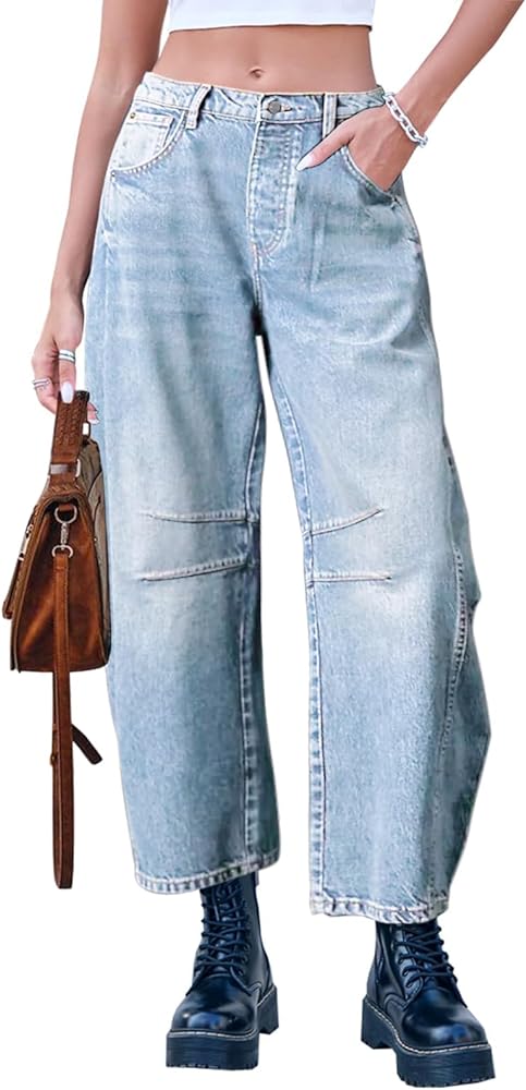 Dokuritu Baggy Jeans for Woman Wide Leg Mid-Rise Denim Ankle Pants Boyfriend Jeans with Pockets