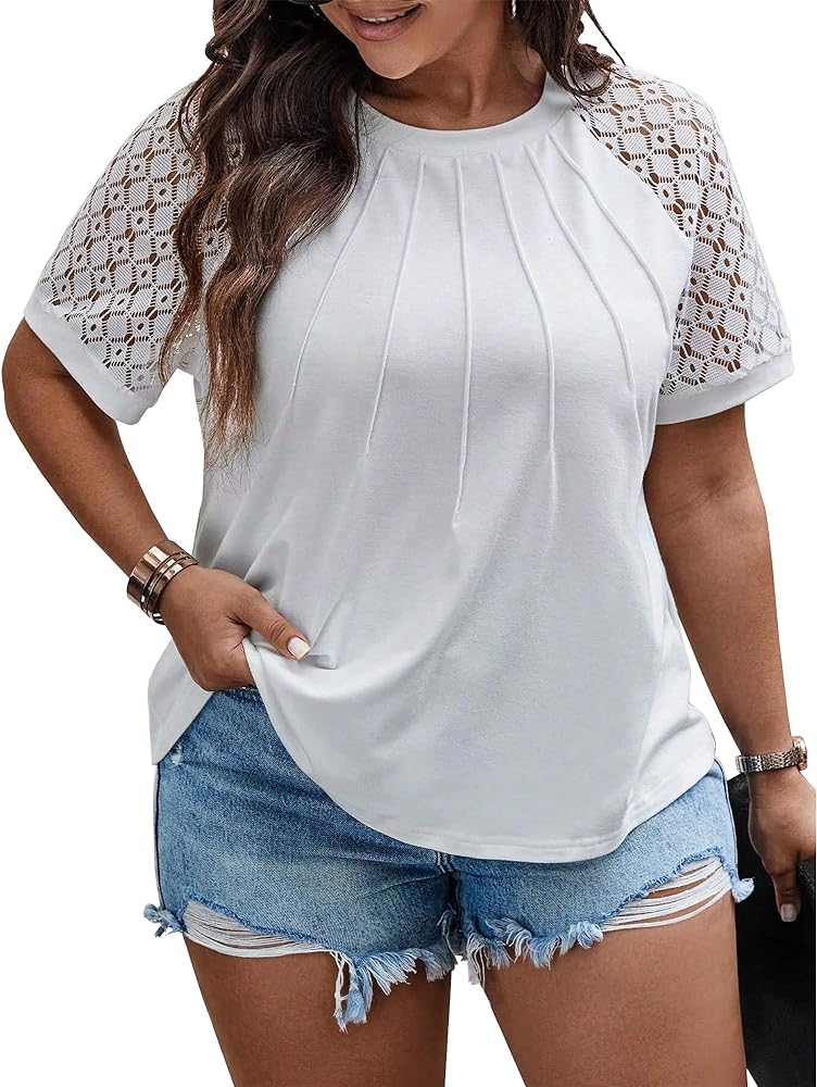 Womens Plus Size Tshirts Trendy Dressy Blouses Lace Short Sleeve Tee Shirts Casual Knitted Tops Summer Outfits 2024 (1X-5X)