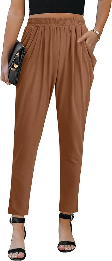 Gaharu Women's Dressy Casual Tapered Pants Elastic High Waisted Capris Work Pleated Trousers