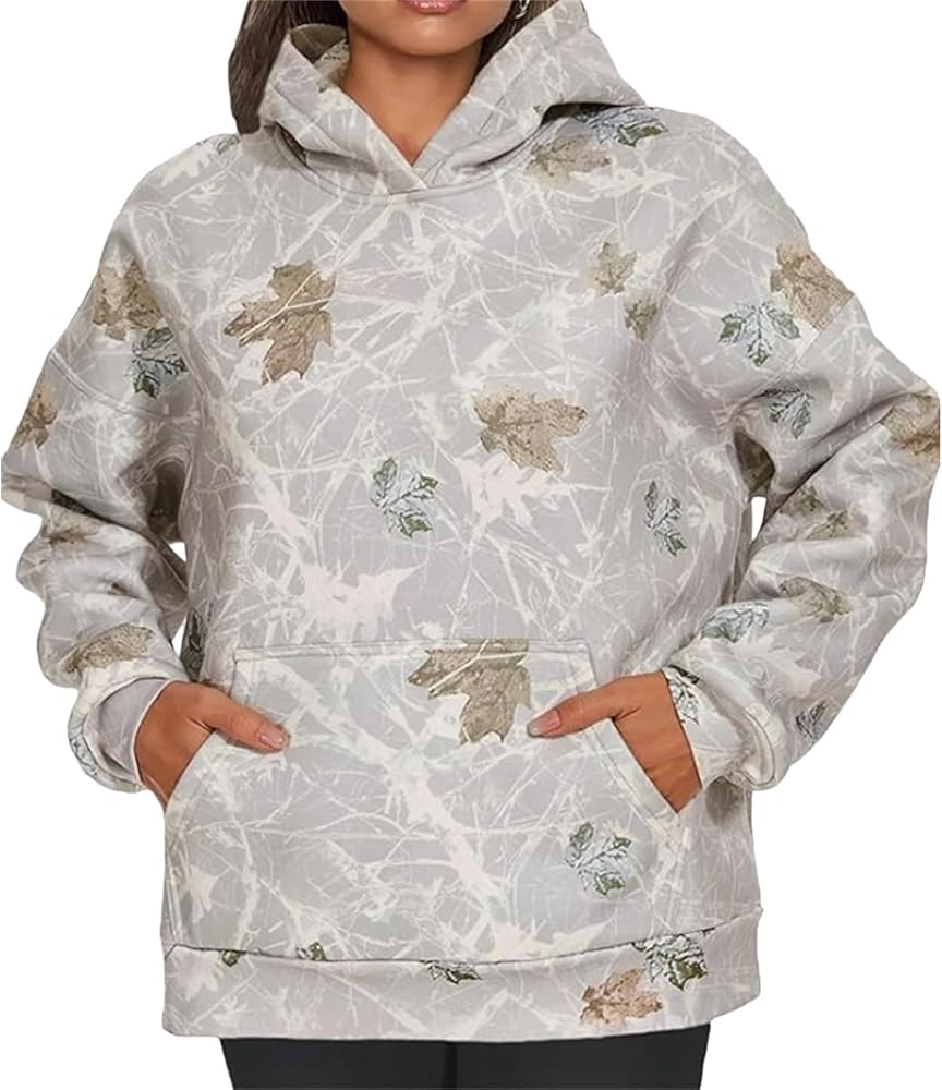 Womens Camo Hoodies Casual Loose Fit Long Sleeve Sweatshirts Maple Leaf Print Oversized Pullover Tops with Pocket