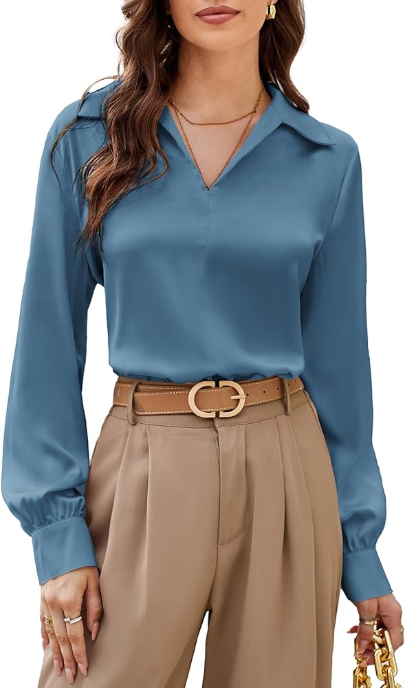 GRACE KARIN Women's Satin Silk Blouse Lapel V Neck Long Sleeve Casual Work Blouse Shirts Pullover Tops