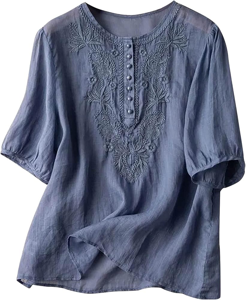 Mexican Blouses for Women Summer Embroidered Shirt Trendy Cotton Linen Short Sleeve Top Round Neck Shirt