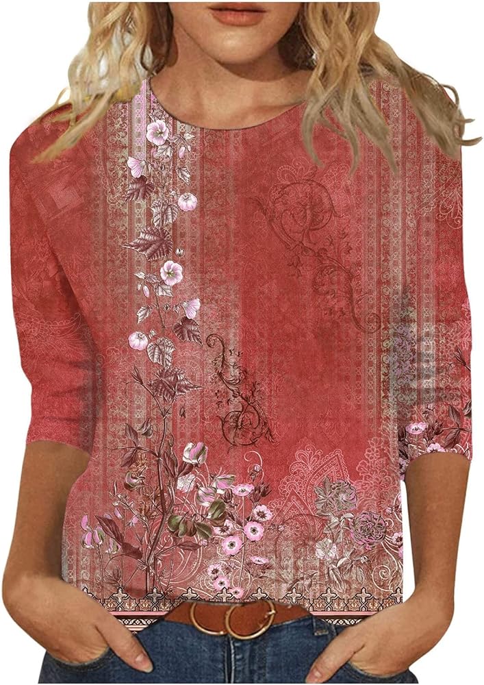 3/4 Length Sleeve Womens Tops Trendy Boho Floral Print Tunic Tops Dressy Casual Round Neck Loose Blouse