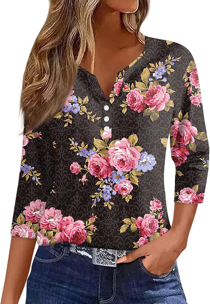 Summer Tops for Women Button Down V Neck T Shirts Trendy Flower Print Tees Fashion Plus Size Shirts