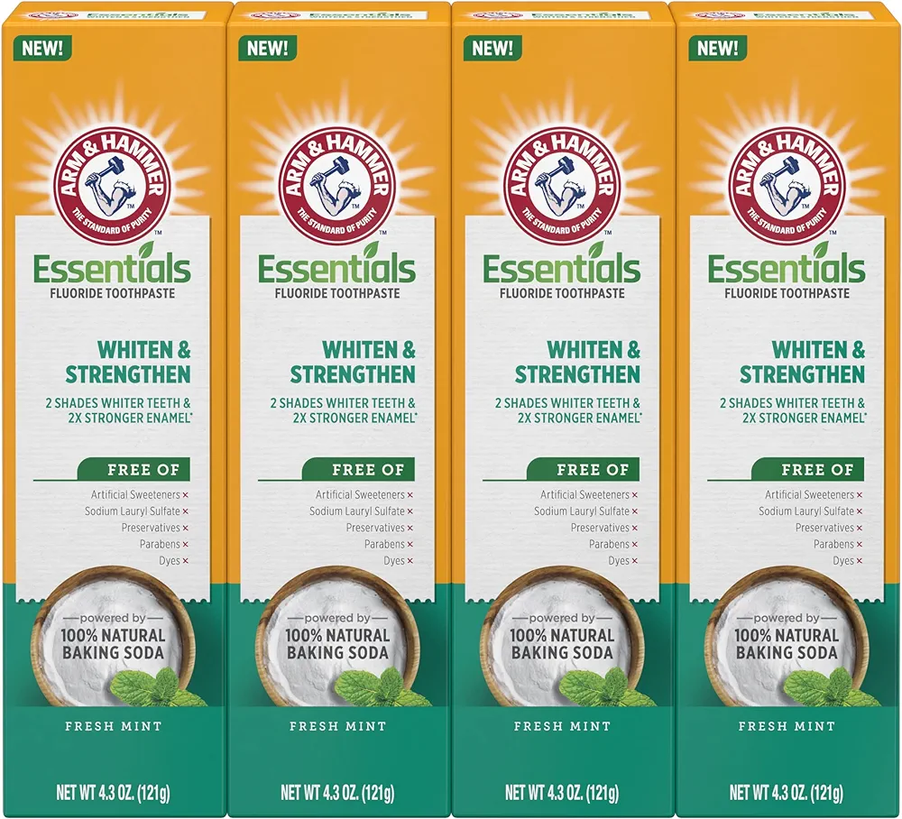 ARM & HAMMER Essentials Whiten & Strengthen Fluoride Toothpaste-4 Pack of 4.3oz Tubes, Fresh Mint- 100% Natural Baking Soda- Fluoride Toothpaste