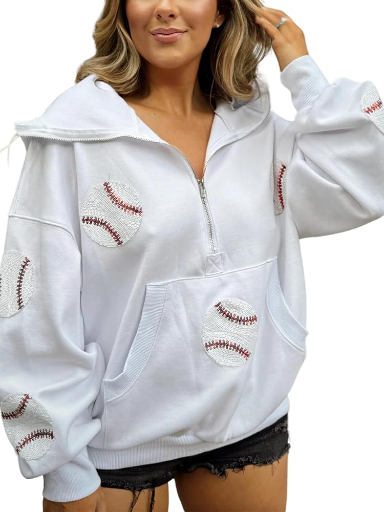 Womens Sparkle Baseball Sequin Hoodie Y2K Game Day Sweatshirt Long Sleeve Hooded Half Zip Pullover with Pocket