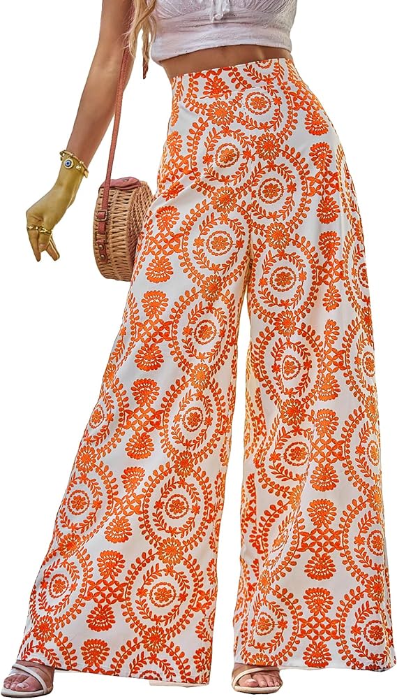 SOLY HUX Women's High Waist Print Wide Leg Pants Boho Loose Casual Long Palazzo Fit Pants Trousers Orange and White