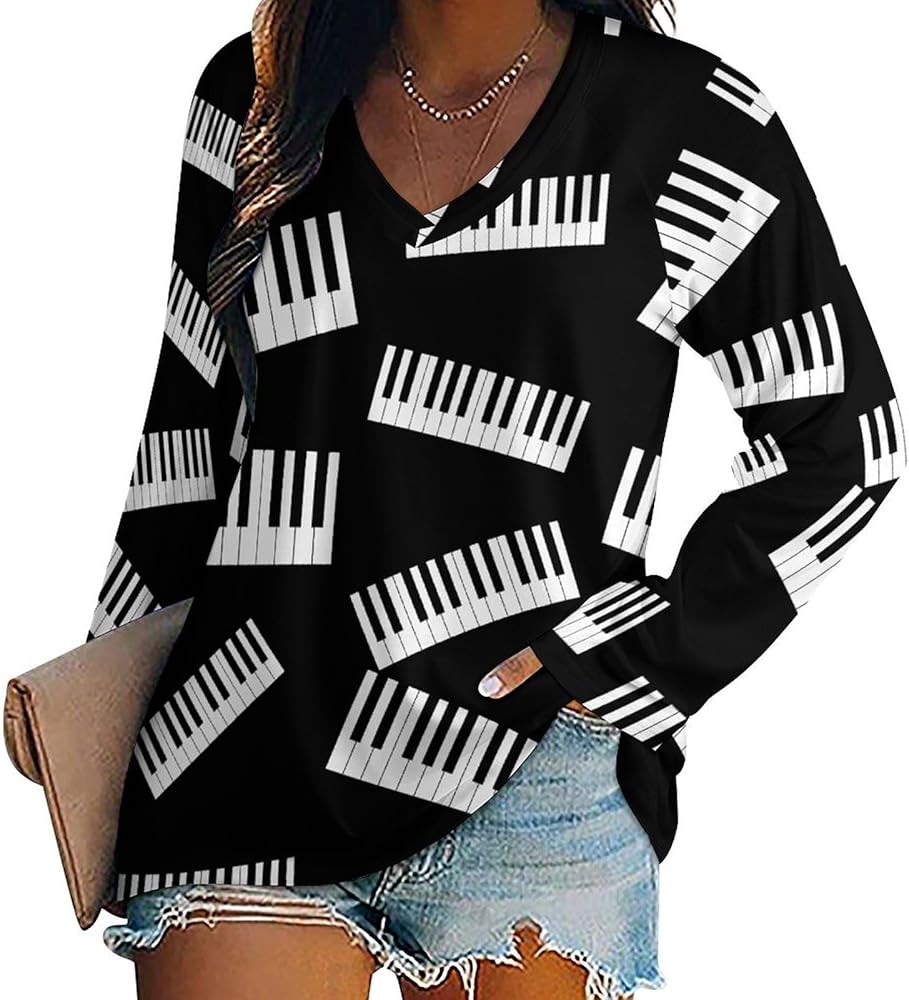 Music Piano Musical Loose Womens Shirts Long Sleeve Tees Tops Casual V-Neck Graphic Blouses