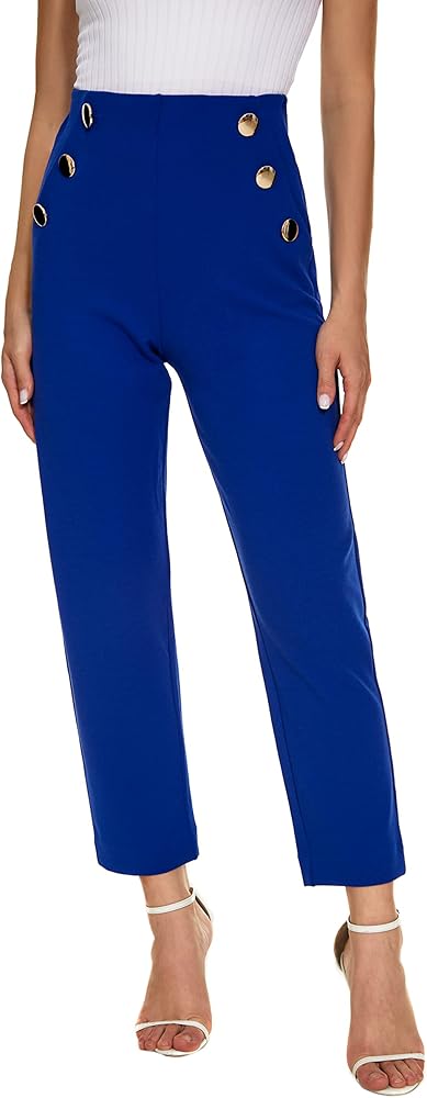 Women's Casual High Waisted Ankle Cropped Pants Elastic Waistband Slant Pockets with Metal Buttons