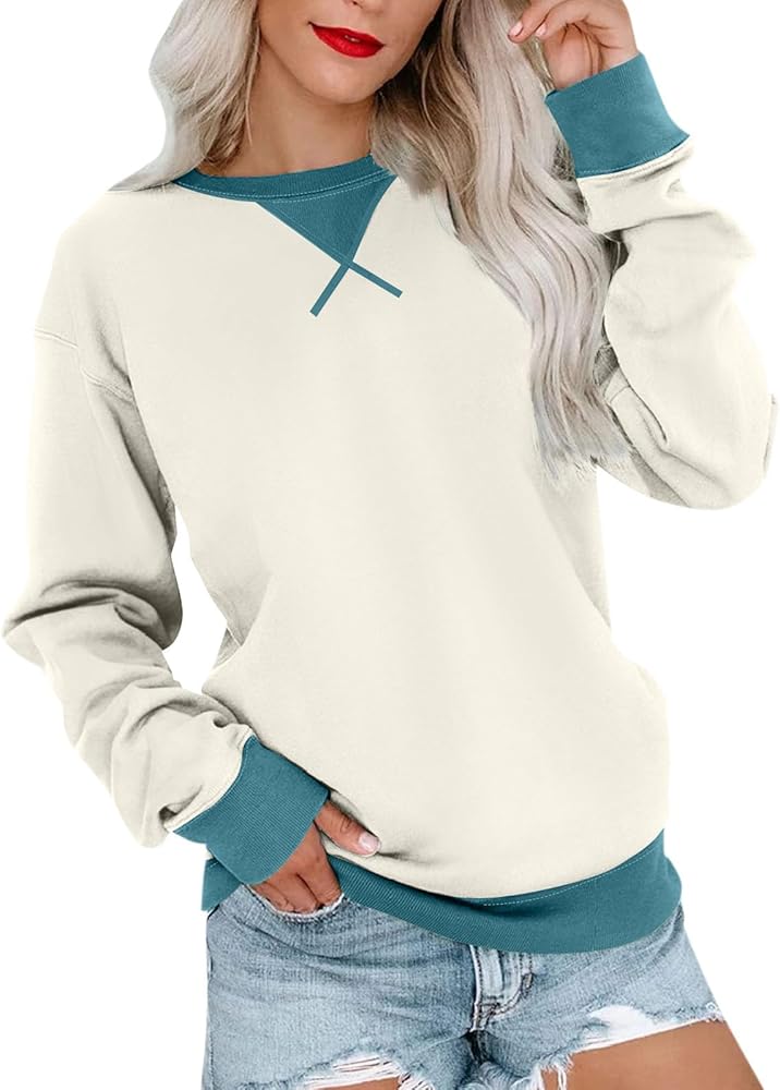 TWGONE Women's Casual Long Sleeve Crewneck Sweatshirts Color Block Trendy Top Soft Cute Flowy Lightweight Pullover Tops