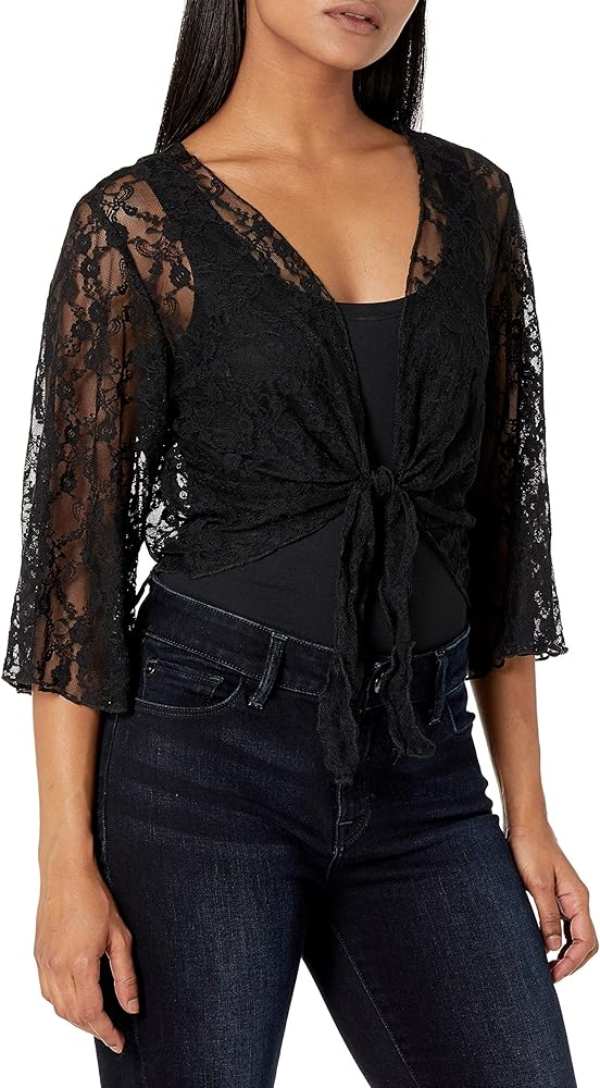 Star Vixen Women's Petite 3/4 Sleeve Stretch Lace Tiefront Shrug Sweater