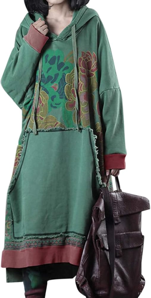 YESNO Women Long Casual Hooded Sweatshirt Dress Ethnic Floral Print Color Block Hemline/Kangaroo Pocket JFD (One Size (L-2XL), JFD Green)