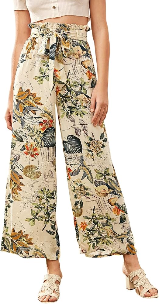 Milumia Women Belted Frilled Waist Tropical Print Boho Wide Leg Palazzo Pants