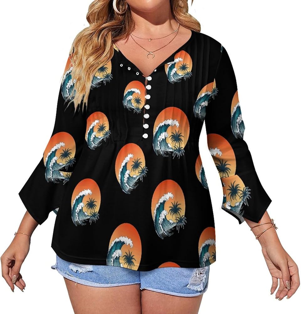 Surfer Big Wave Cute Womens T-Shirts 3/4 Sleeve Button Down Tee Tops Blouse Summer Beach