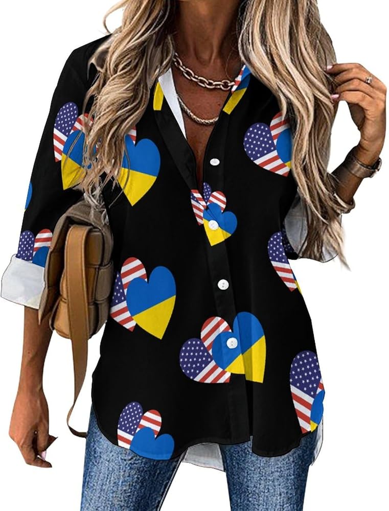 Ukrainian USA Heart Flag Classic Shirts for Women Long Sleeve Blouse Casual V Neck Tee Tops Work Office