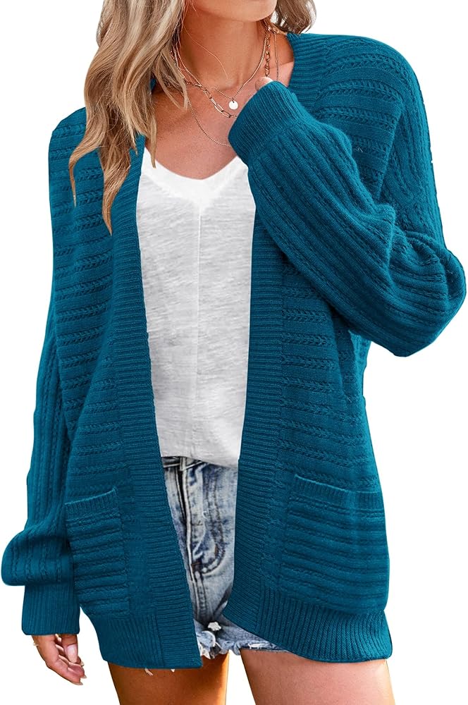 MEROKEETY Women's Puff Long Sleeve Cable Knit Cardigan Sweaters Open Front Outwear with Pockets