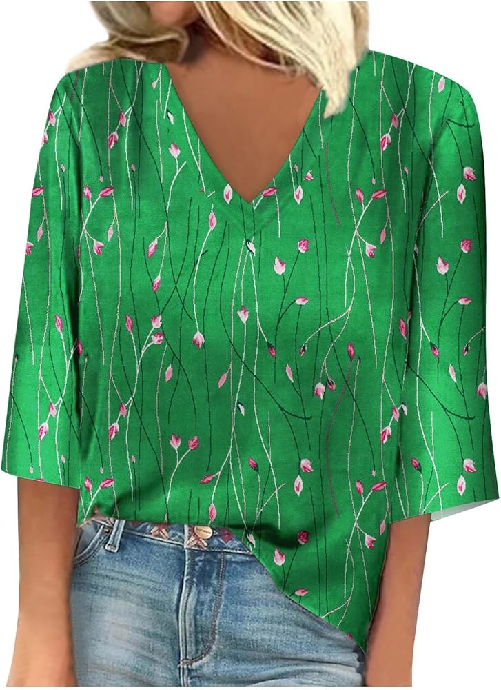 Summer Tops for Women 2024 V Neck 3/4 Sleeve Shirts Print Cute Blouses Trendy Loose Fit Tunic Casual Trendy Tee