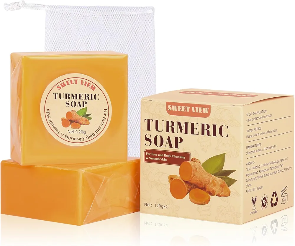 2PCS Turmeric Soap Bar, Face & Body Handmade Bar with Honey, Olive Oil, Aloe Vera for Deep Cleansing & Smooth Skin 4.23 Ounce (Pack of 2)